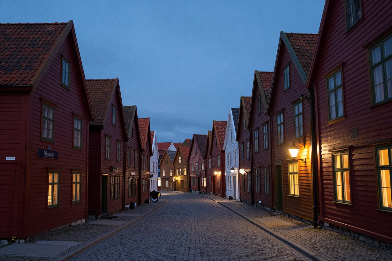 Twilight View of Bergen Norway Historic Bryggen Wharf and Colorful Hanseatic Buildings in in Bergen, Norway