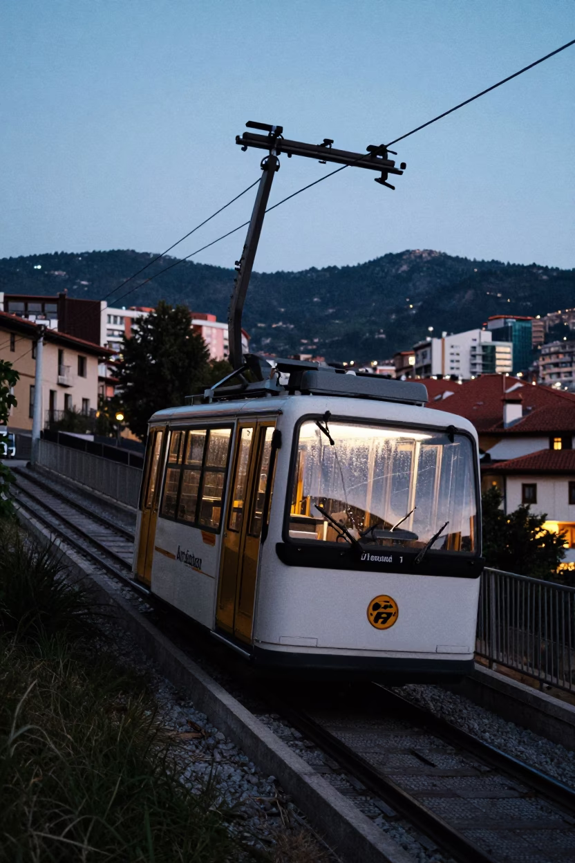 Twilight View of Bilbao Funicular Ascending Hillside Amidst Urban Light and Condensation in in Bilbao, Spain