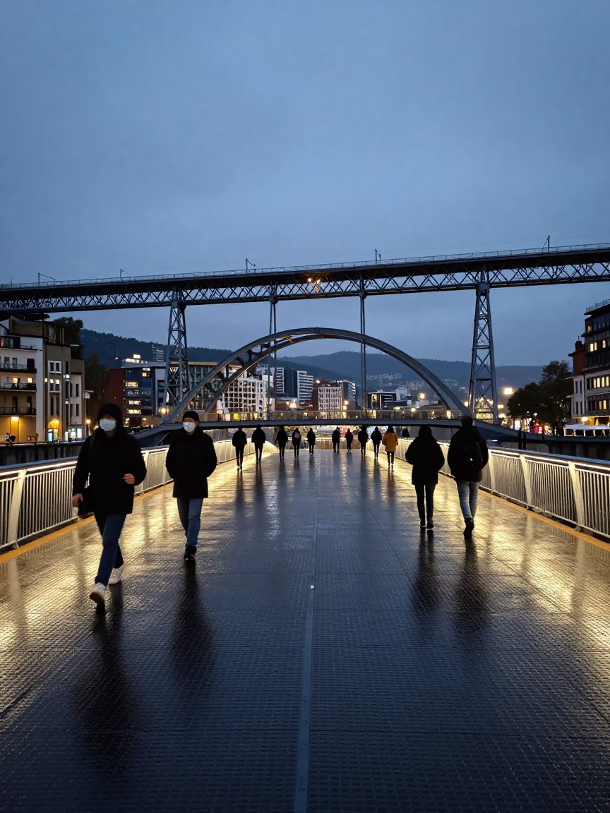 Twilight View of Bilbao's Zubizuri Bridge Deck Shining After Storm Rain in in Bilbao, Spain