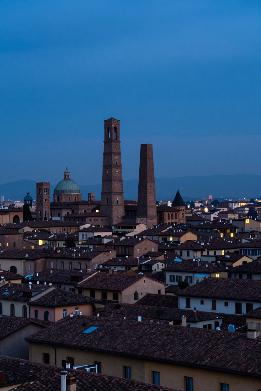 Twilight View of Bologna Italy Skyline and Historic Architecture in in Bologna, Italy