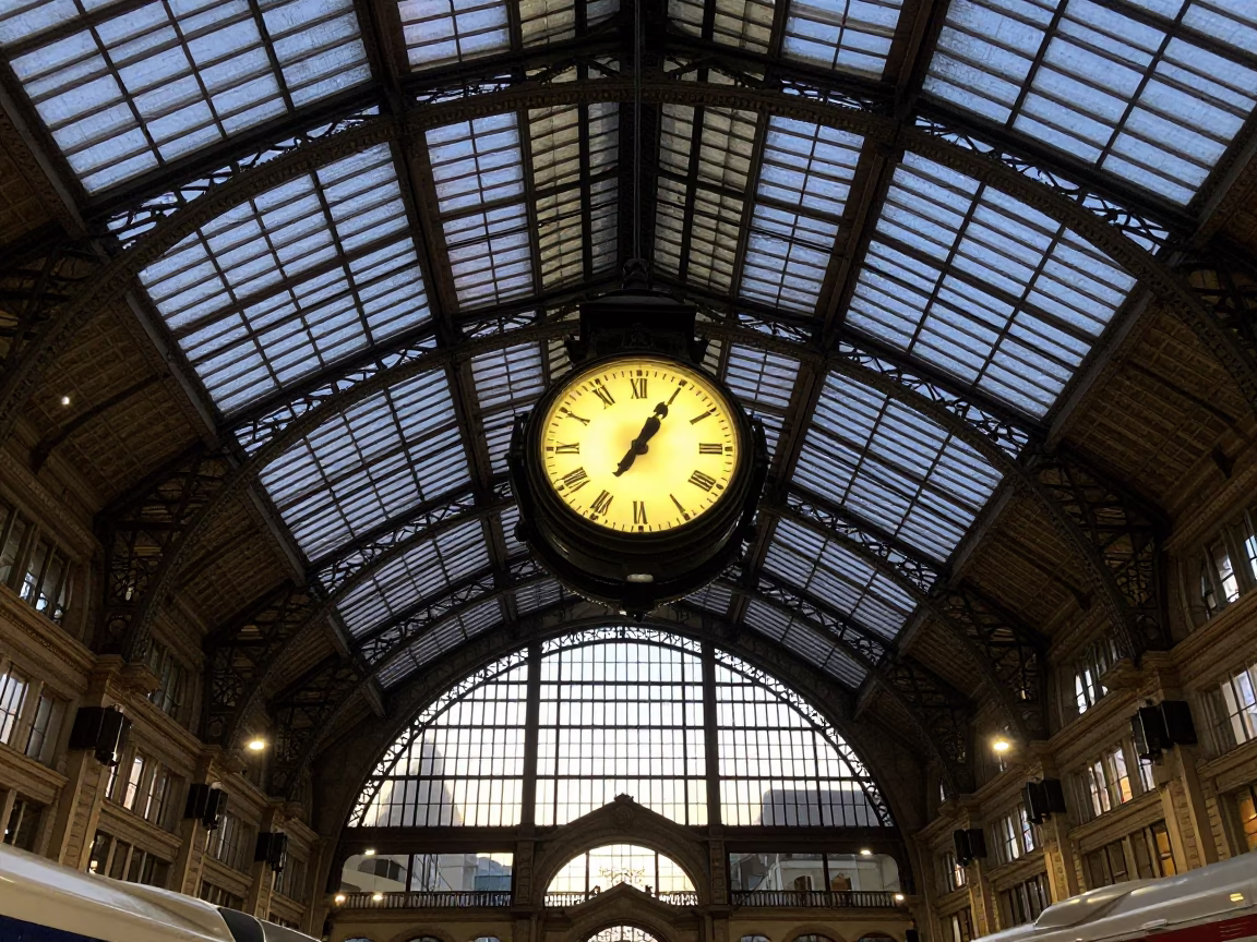 Twilight View of Bologna Italy Train Station Clock Under Vaulted Iron Roof in in Bologna, Italy