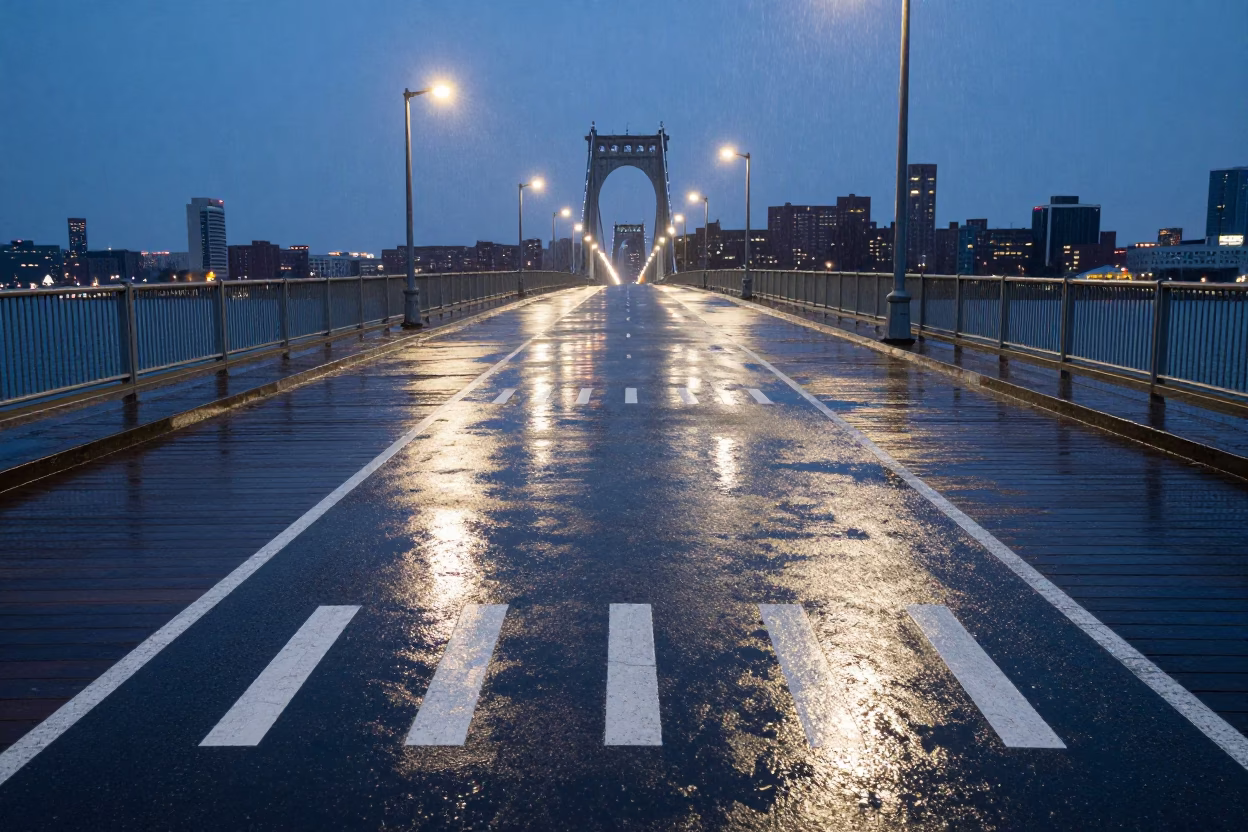 Twilight View of Boston Harbor Drawbridge Deck Markings Shining Under Harbor Drizzle in in Boston, Massachusetts, United States