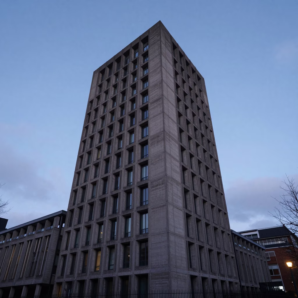 Twilight View of Bristol Brutalist Concrete University Tower and Street Life in in Bristol, United Kingdom