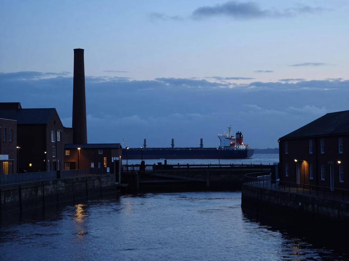 Twilight View of Bristol Harbourside with Cargo Ship on Horizon and Urban Waterfront in in Bristol, United Kingdom