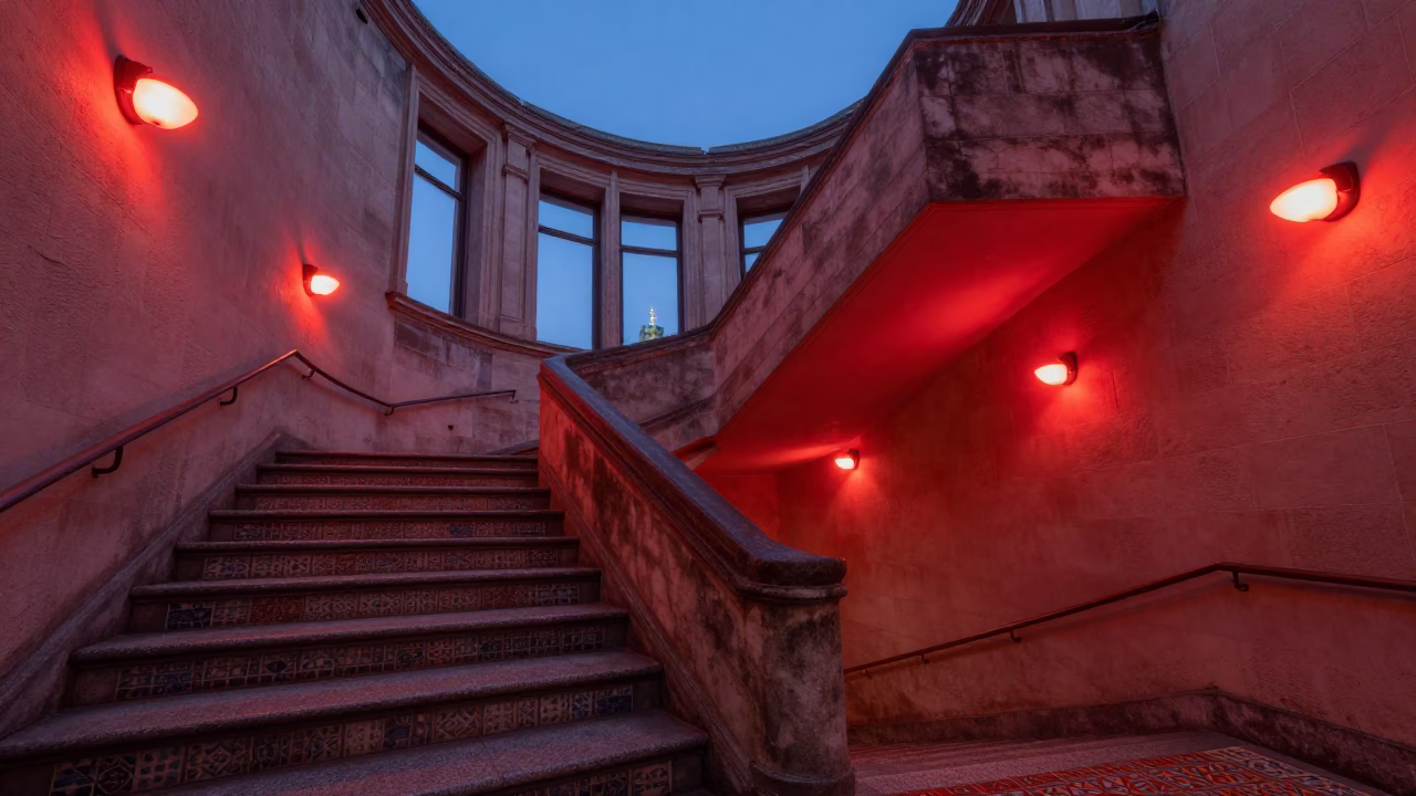 Twilight View of Brussels University Observatory Stairwell with Red Night Bulbs and Ceramic Tiles in in Brussels, Belgium