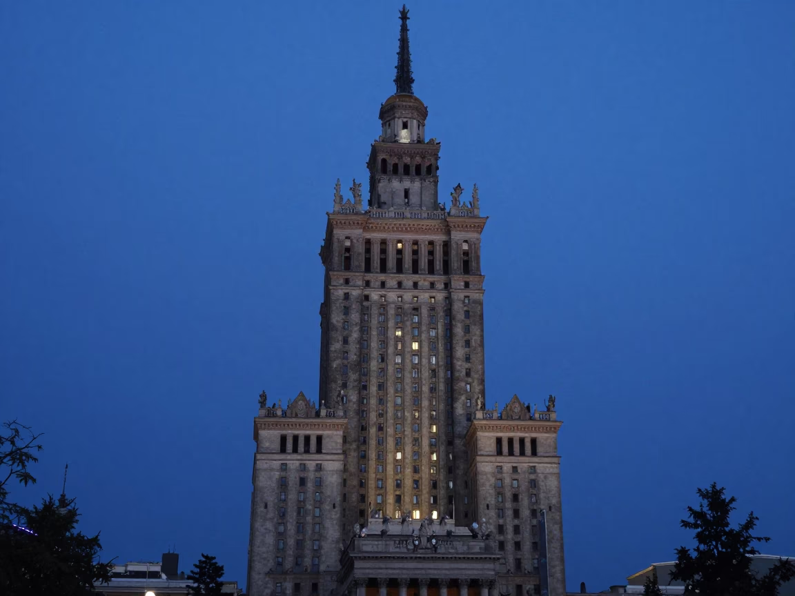 Twilight View of Brutalist Jagiellonian University Building in Krakow Poland in in Krakow, Poland