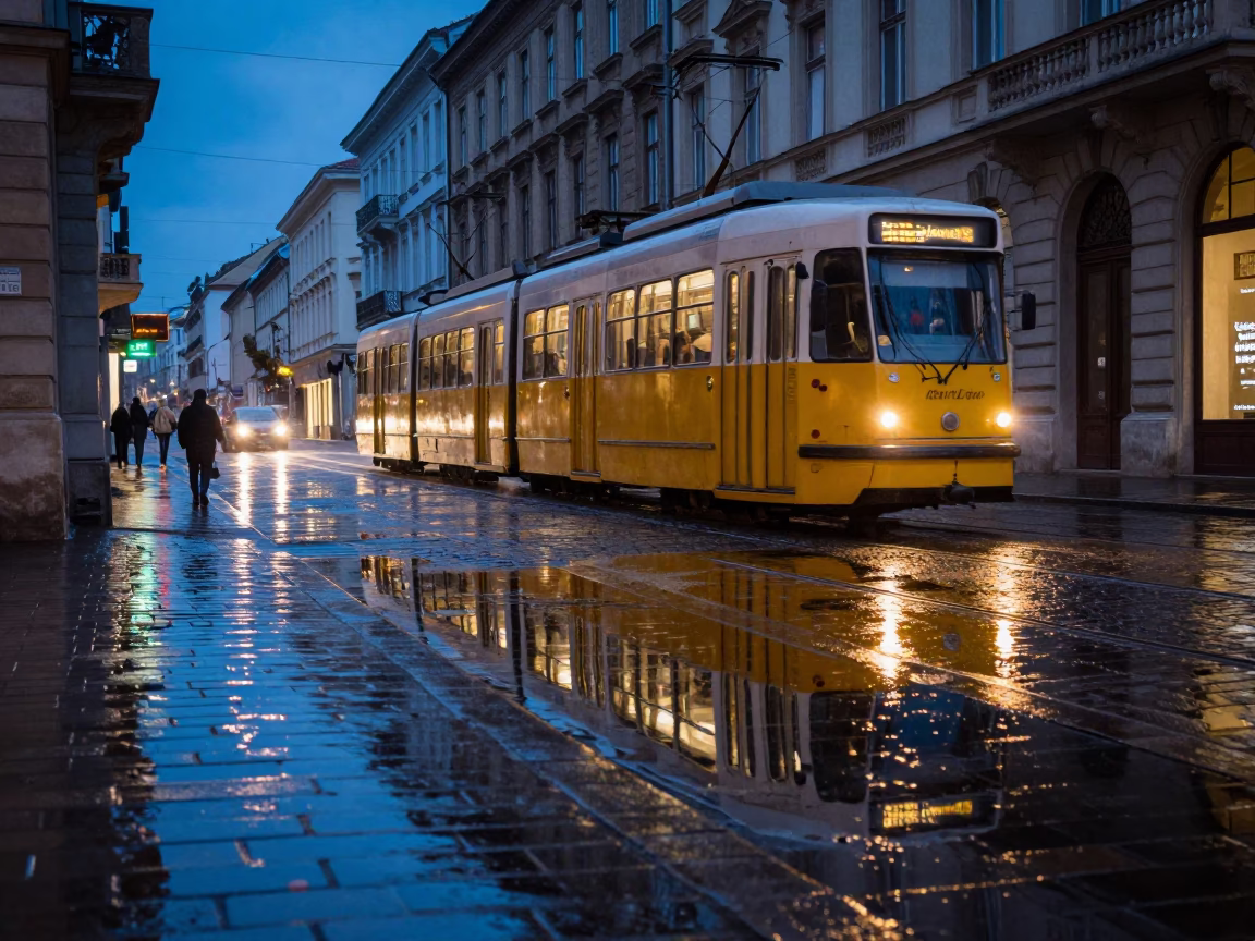 Twilight View of Budapest Tramcar Reflected in Rain on Historic Cobblestone Streets in in Budapest, Hungary