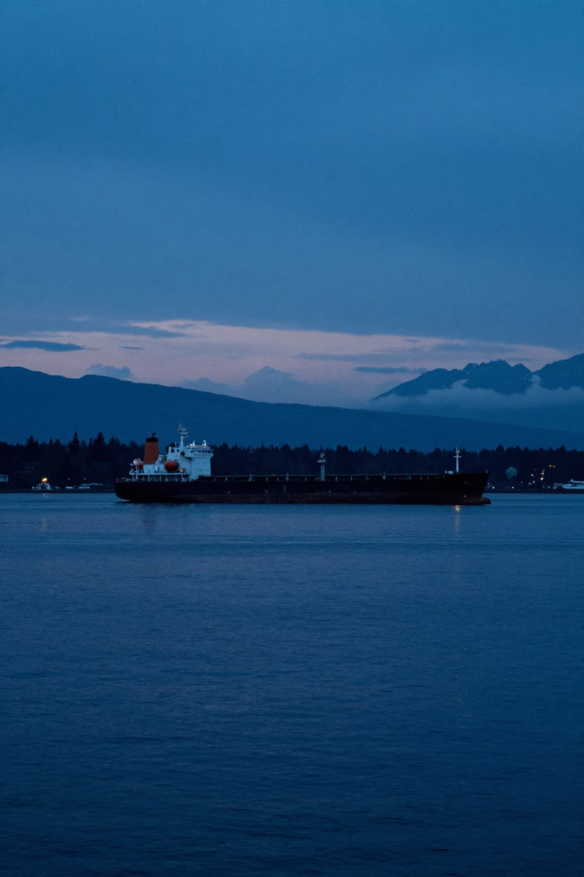 Twilight View of Burrard Inlet Cargo Ship and Downtown Vancouver Skyline in in Vancouver, British Columbia, Canada