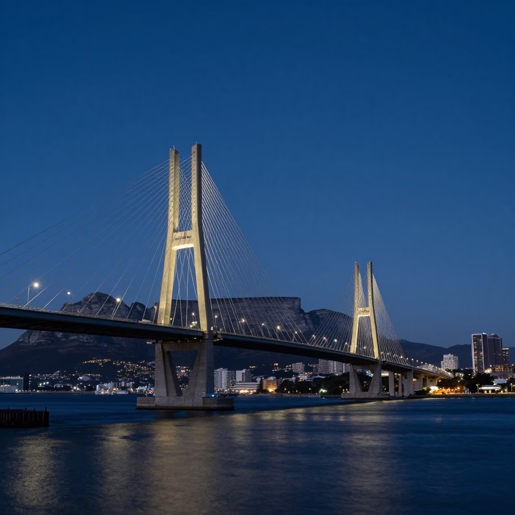 Twilight View of Cape Town Cable-Stayed Bridge Illuminated Against Dark Harbor in in Cape Town, South Africa