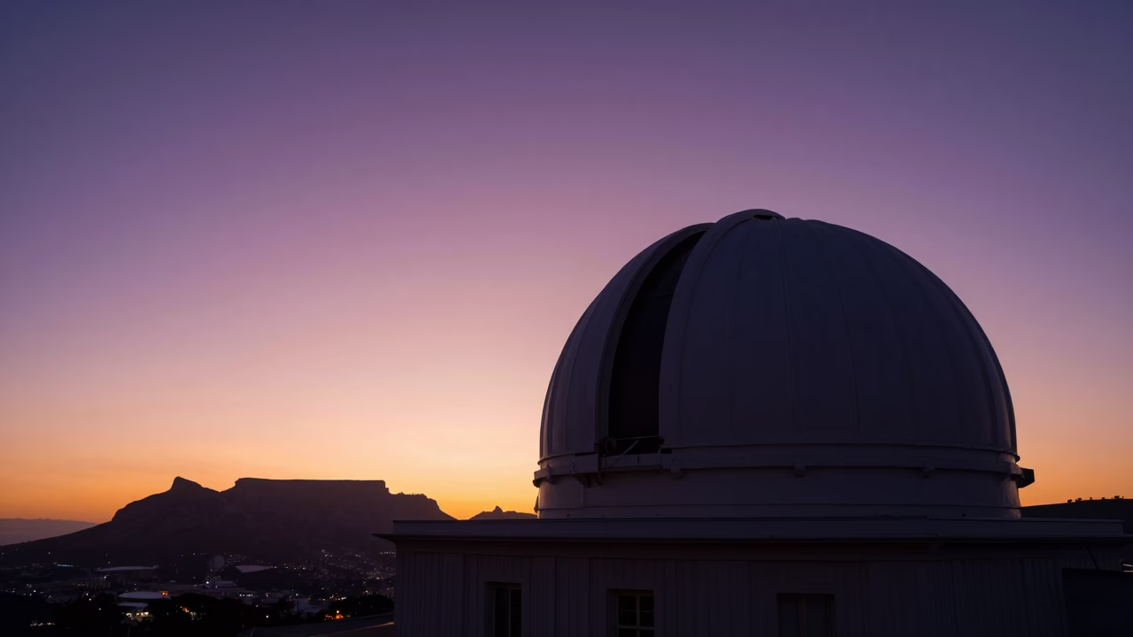 Twilight View of Cape Town Observatory Dome Silhouette Against Colorful Sky in in Cape Town, South Africa