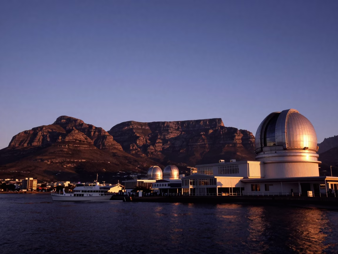 Twilight View of Cape Town Table Mountain Observatory with Vintage Wooden Sailboat in Boatyard in in Cape Town, South Africa