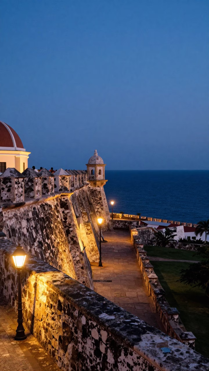 Twilight View of Cartagena Colombia Colonial Walls and Caribbean Sea Horizon in in Cartagena, Colombia