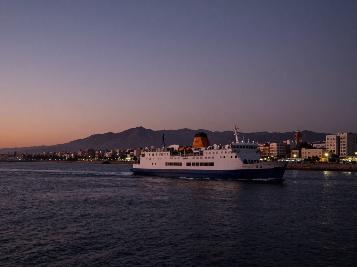Twilight View of Casablanca Harbor with Ferry Departing Against Atlas Mountains in in Casablanca, Morocco
