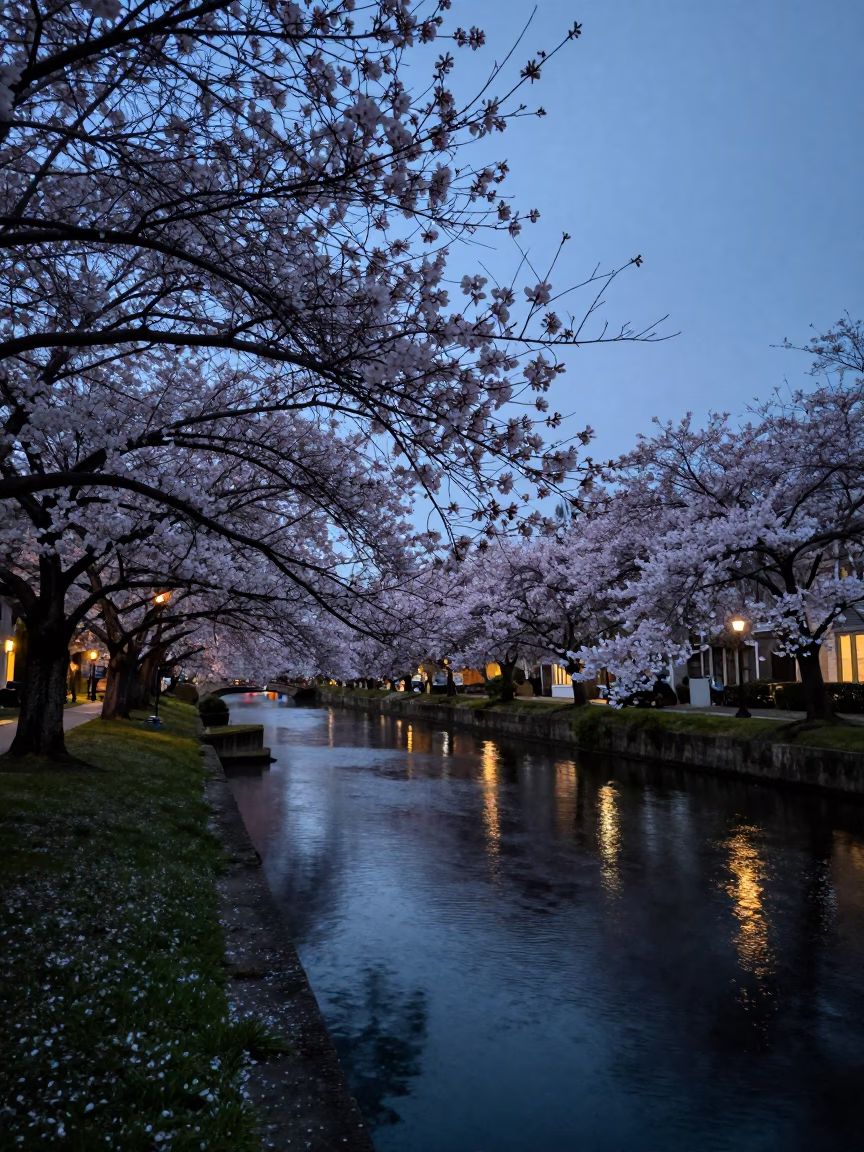 Twilight View of Charleston Canal with Cherry Trees and Historic Brick Architecture in in Charleston, South Carolina, United States