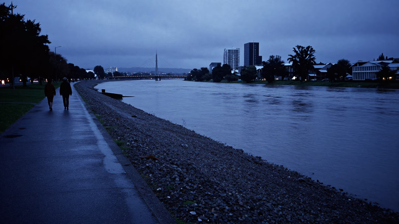 Twilight View of Christchurch River Avon Levee Path After Flood Recedes in in Christchurch, New Zealand