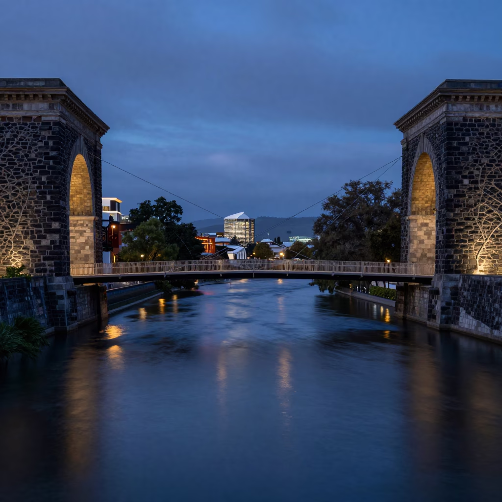 Twilight View of Christchurch River Avon with Wicker Shadow and Brushed Steel Rail in in Christchurch, New Zealand