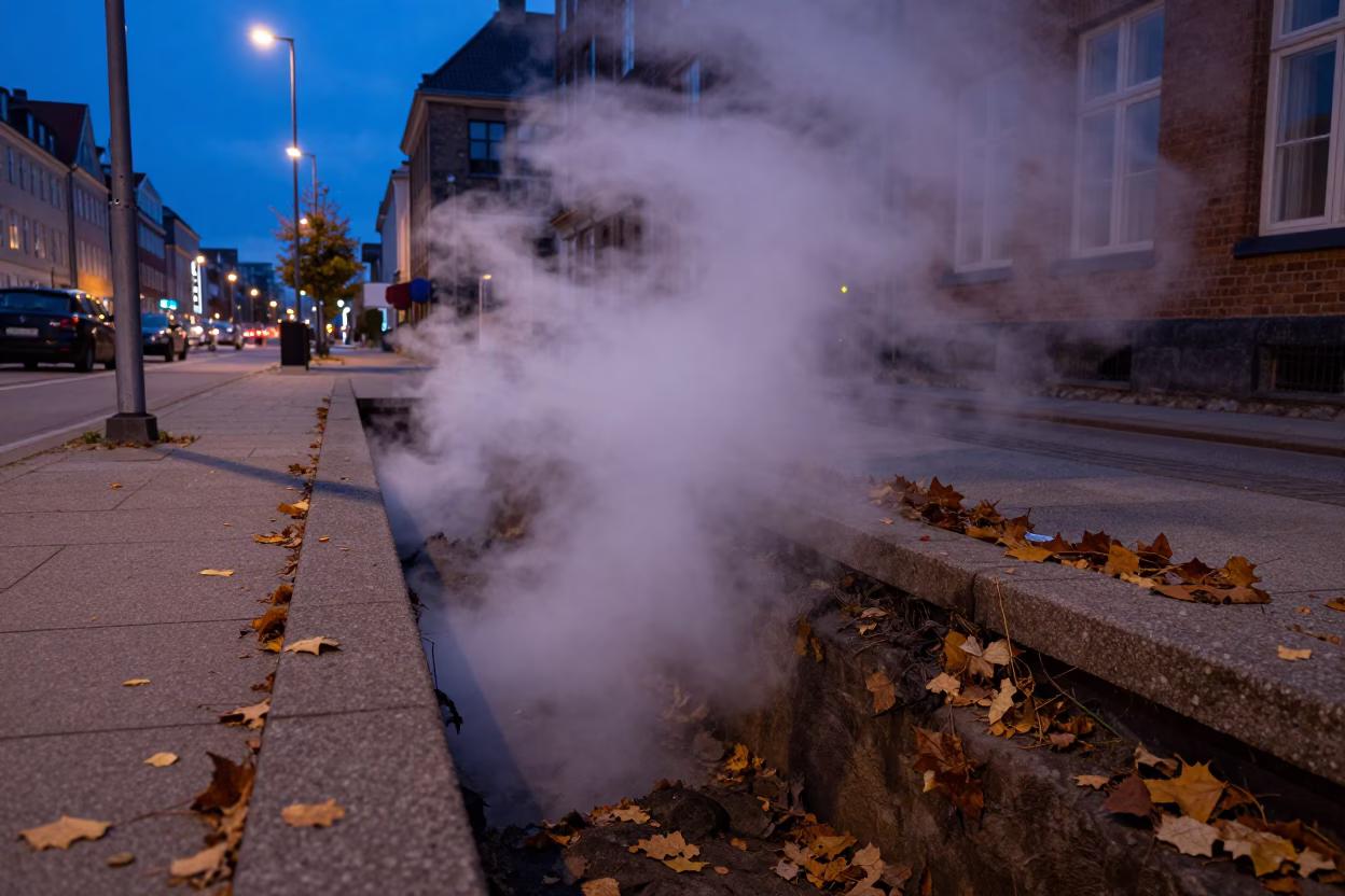 Twilight view of Copenhagen district heating pipe trench steaming through autumn leaves in in Copenhagen, Denmark