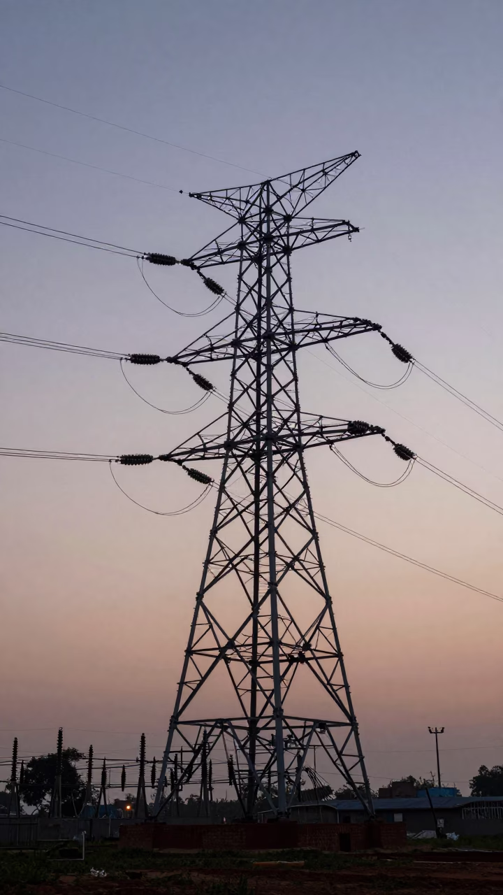Twilight View of Delhi Power Substation Lattice Tower and Urban Skyline in in Delhi, India