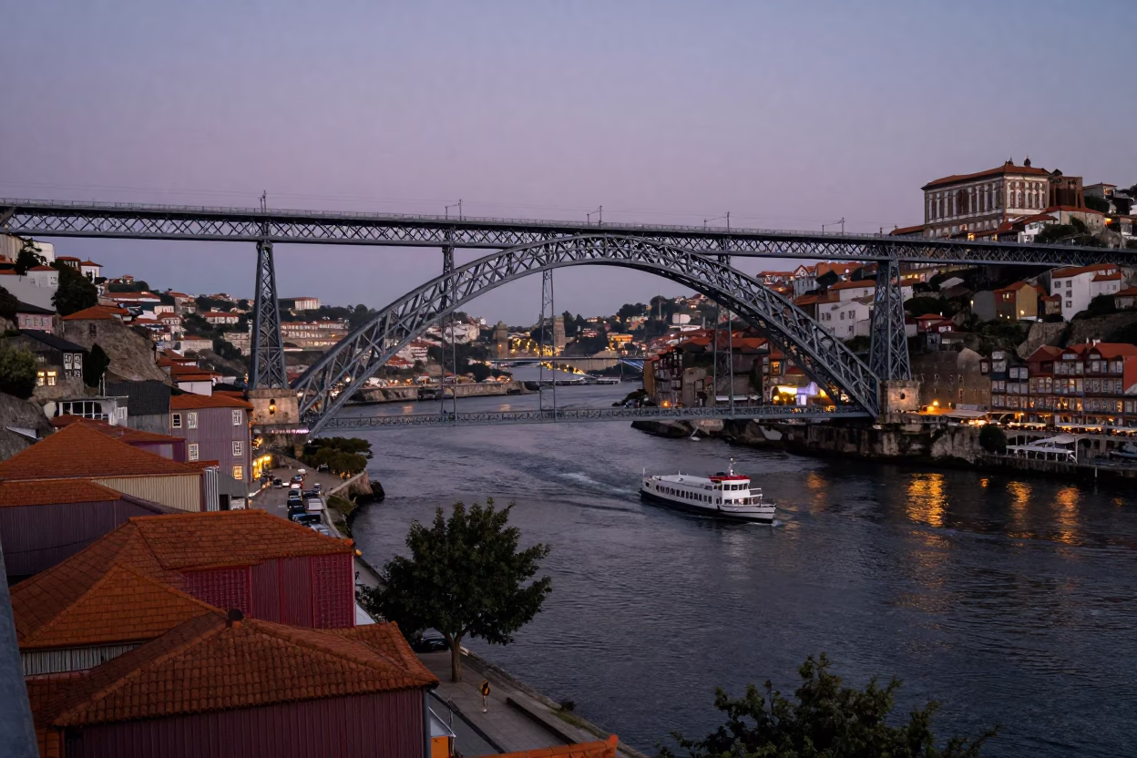 Twilight View of Douro River and Dom Luis Bridge in Porto Portugal in in Porto, Portugal