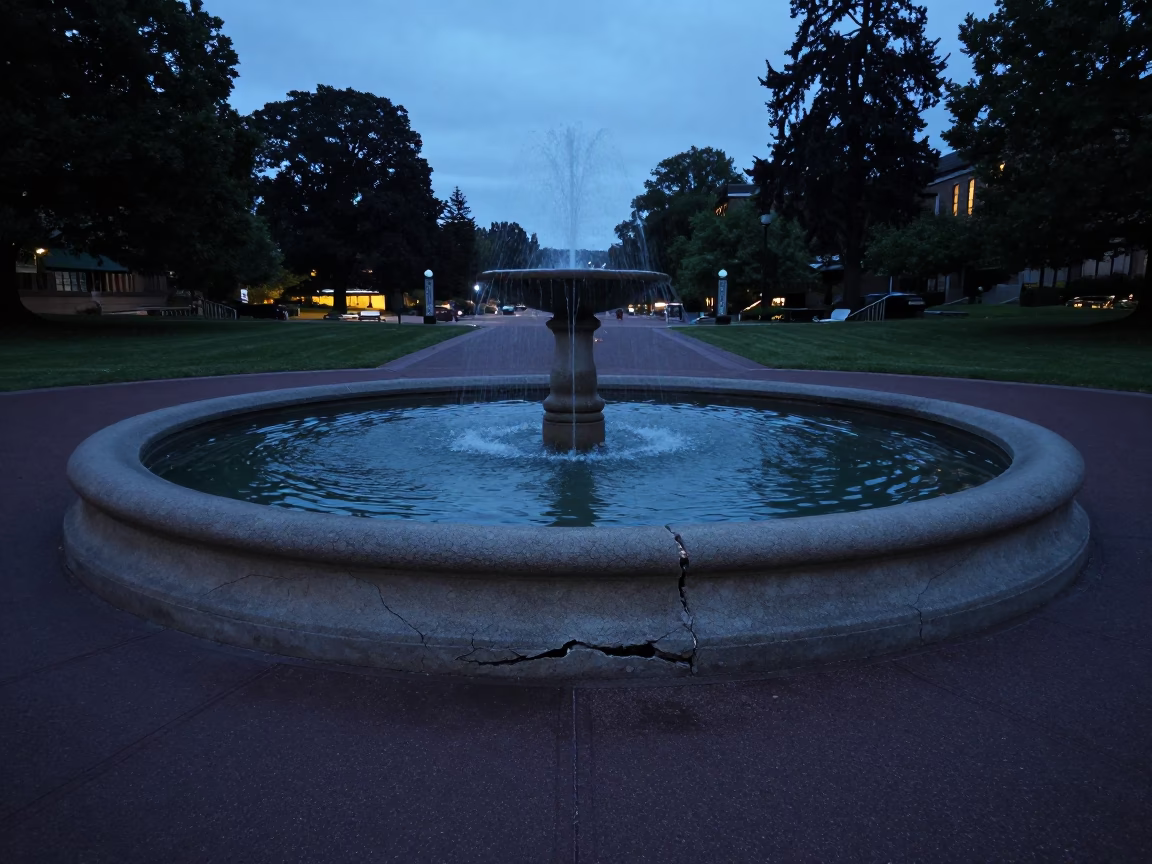 Twilight View of Drained Campus Fountain in Portland Oregon Before Graduation Week in in Portland, Oregon, United States