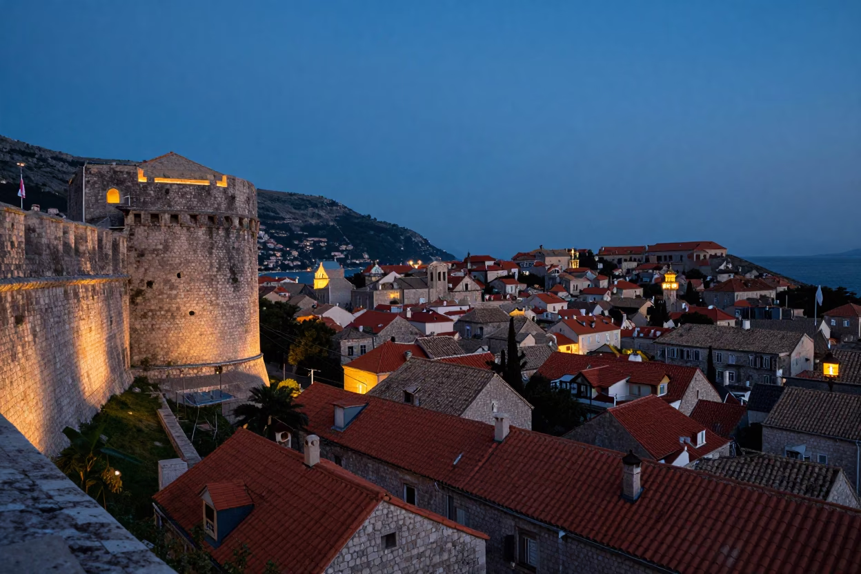 Twilight View of Dubrovnik Old Town Fortifications and Cable Car in in Dubrovnik, Croatia