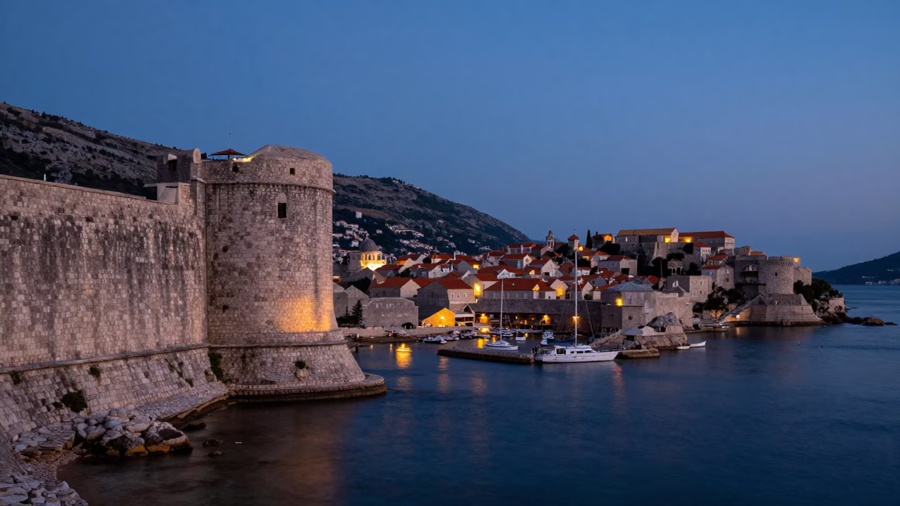 Twilight View of Dubrovnik Old Town Stone Walls and Harbor with Sailboats in in Dubrovnik, Croatia