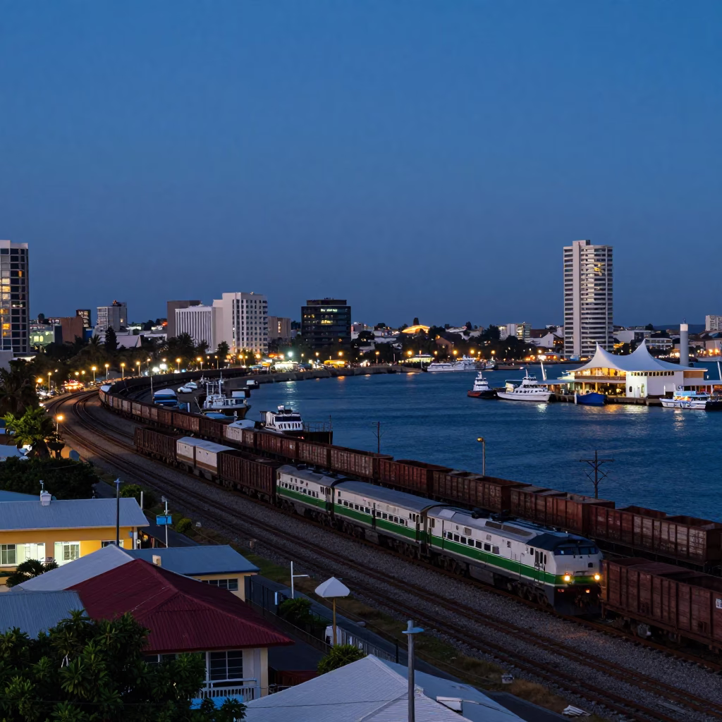 Twilight View of Durban Harbor with Freight Train and Chinese Junk Sails in in Durban, South Africa