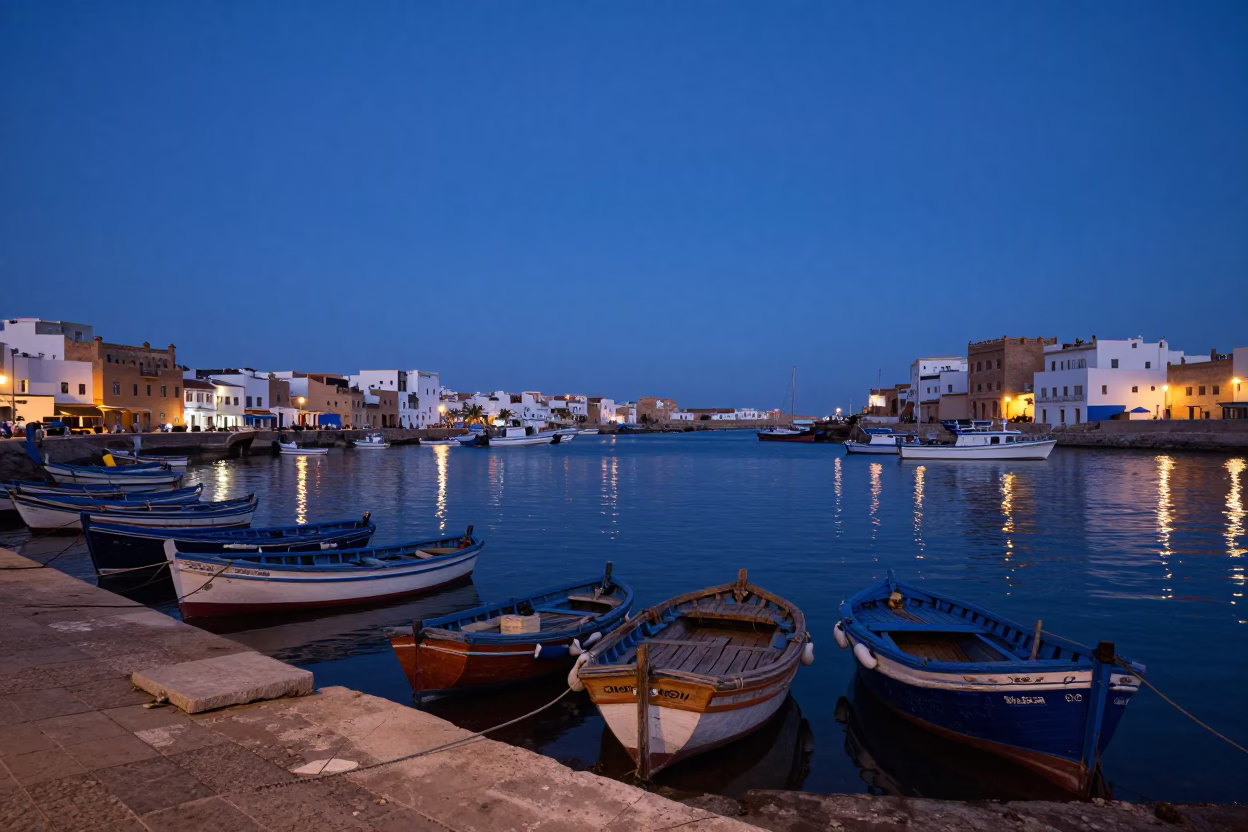 Twilight View of Essaouira Port with Fishing Boats and Blue Gates in in Essaouira, Morocco
