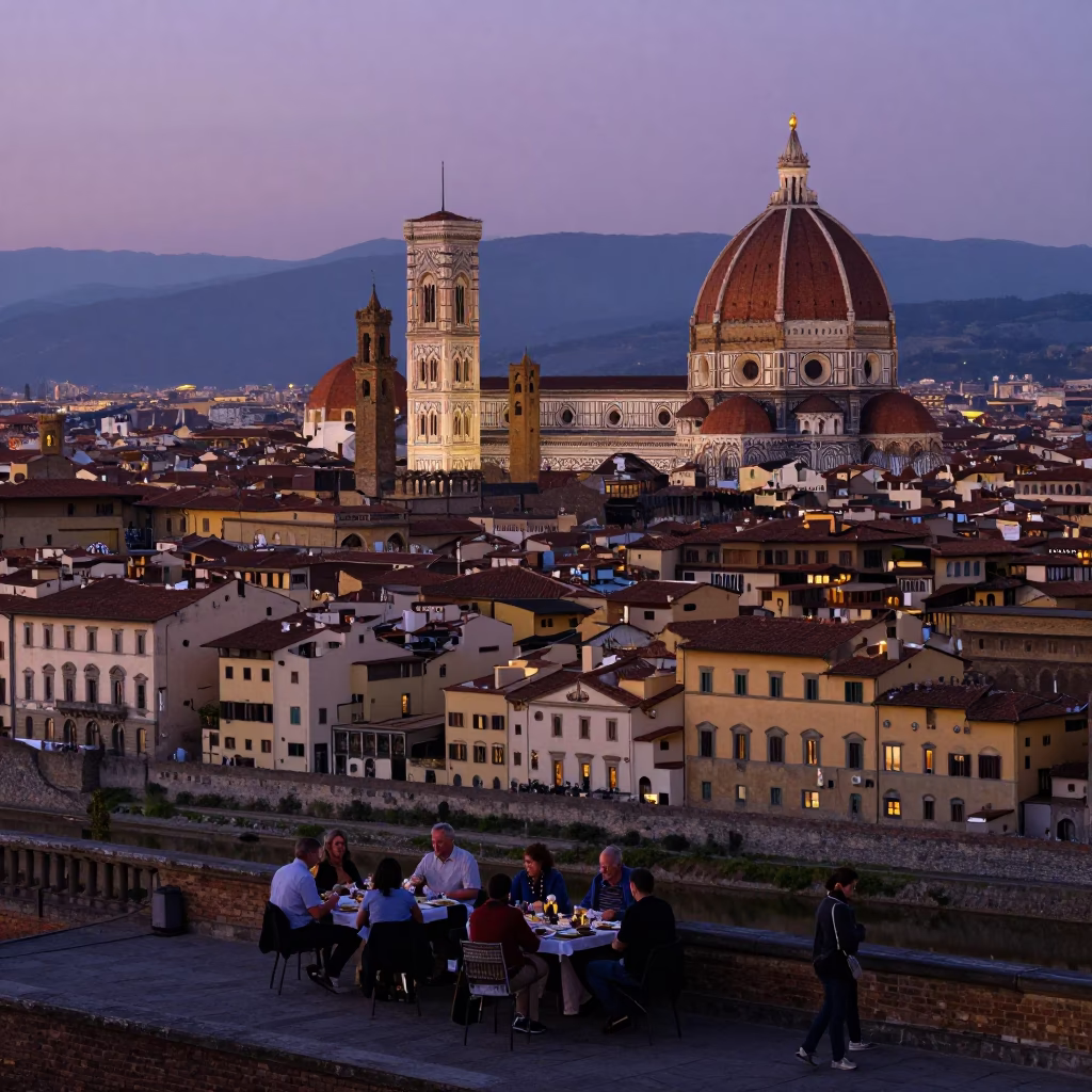 Twilight View of Florence Duomo and Ponte Vecchio from Piazzale Michelangelo with Local Diners in in Florence, Italy
