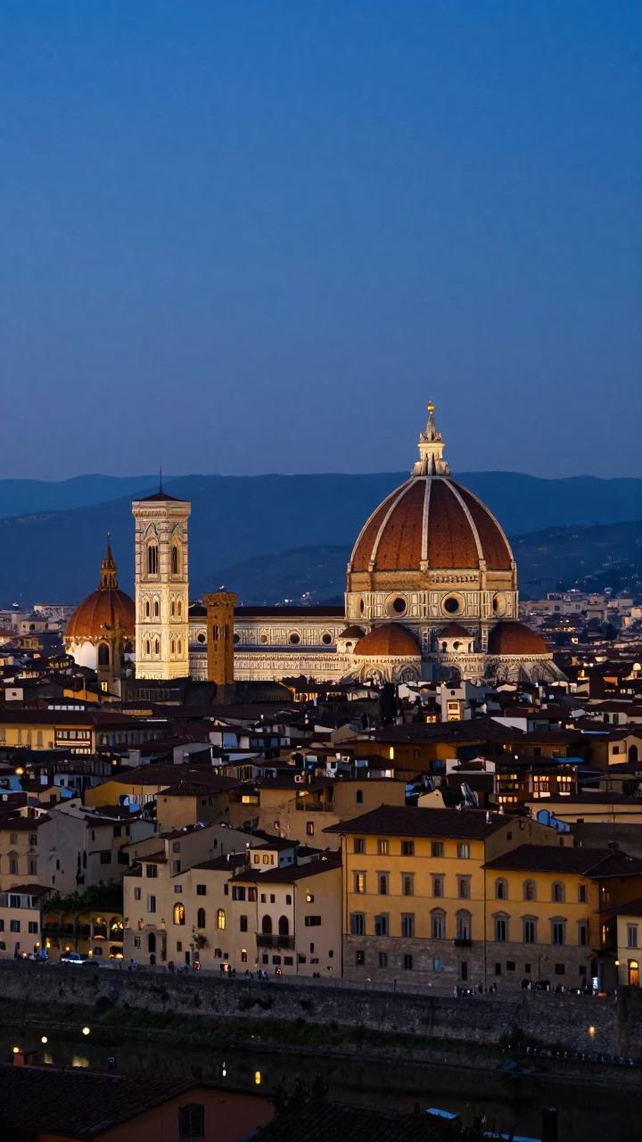 Twilight View of Florence Italy Skyline and Historic Architecture with Bicycle in in Florence, Italy