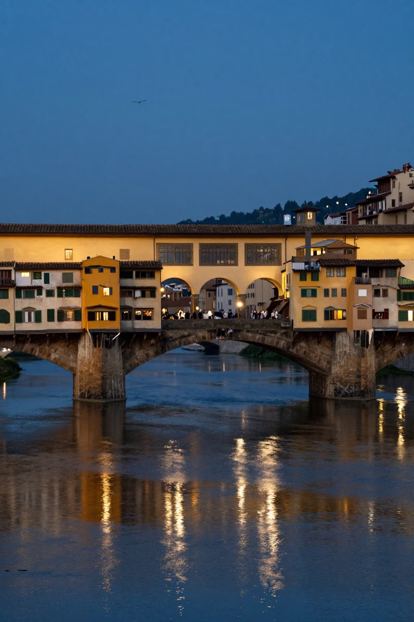 Twilight View of Florence Ponte Vecchio Bridge and Arno River with Historic Stone Architecture in in Florence, Italy