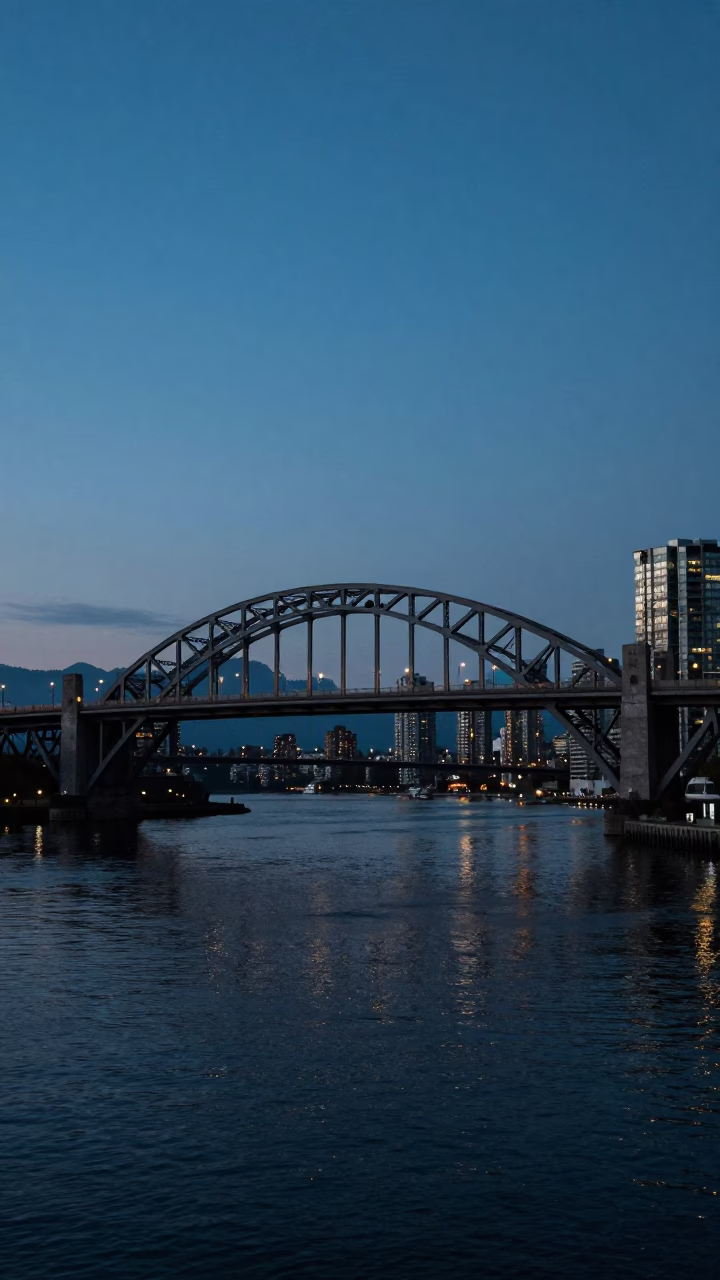 Twilight View of Granville Street Bridge and False Creek Waterfront from Vancouver in in Vancouver, British Columbia, Canada