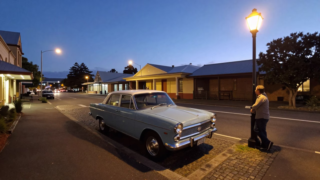 Twilight View of Hobart Tasmania Australia Street Scene with Vintage Elements in in Hobart, Tasmania, Australia