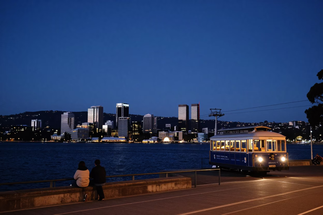 Twilight View of Hobart Tasmania Australia with Cable Car and City Lights in in Hobart, Tasmania, Australia