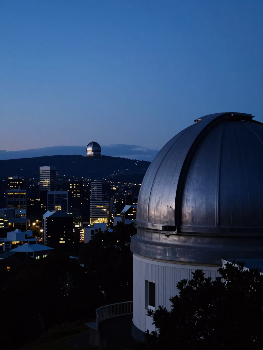 Twilight View of Hobart Tasmania Observatory Dome Silhouette Drifting Ground Fog in in Hobart, Tasmania, Australia