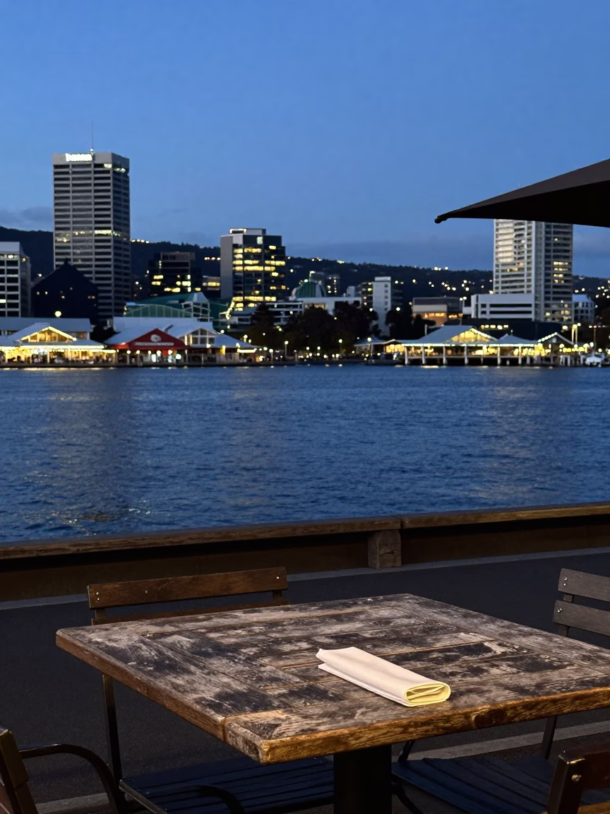 Twilight View of Hobart Waterfront and Salamanca Market with Salt Cellar on Table in in Hobart, Tasmania, Australia