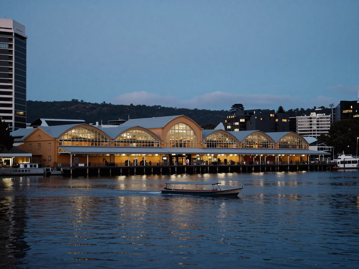 Twilight View of Hobart Waterfront with Heritage Architecture and Punt on Derwent River Tasmania in in Hobart, Tasmania, Australia