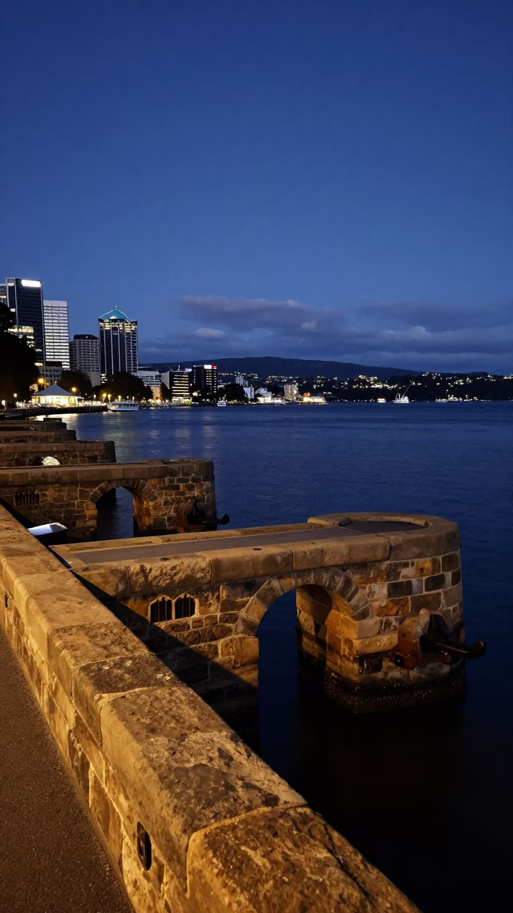 Twilight view of Hobart waterfront with historic sandstone wharves and harbor water reflections in in Hobart, Tasmania, Australia
