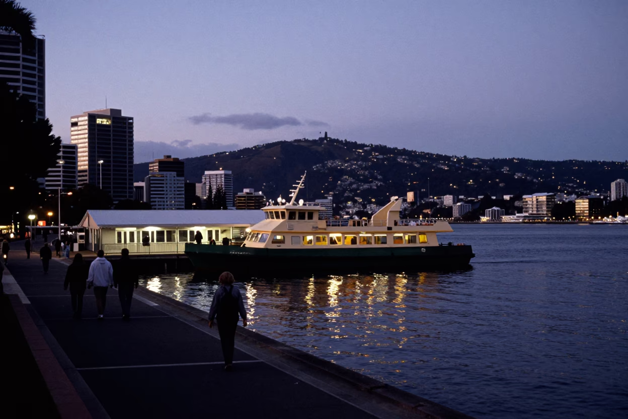 Twilight View of Hobart Waterfront with Water Taxi Docked at Pier in in Hobart, Tasmania, Australia