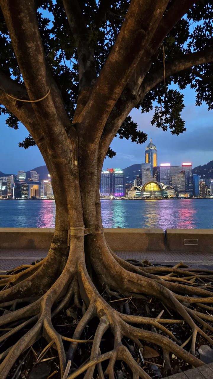 Twilight View of Hong Kong Victoria Harbour from Kapok Tree Roots in in Hong Kong, Hong Kong