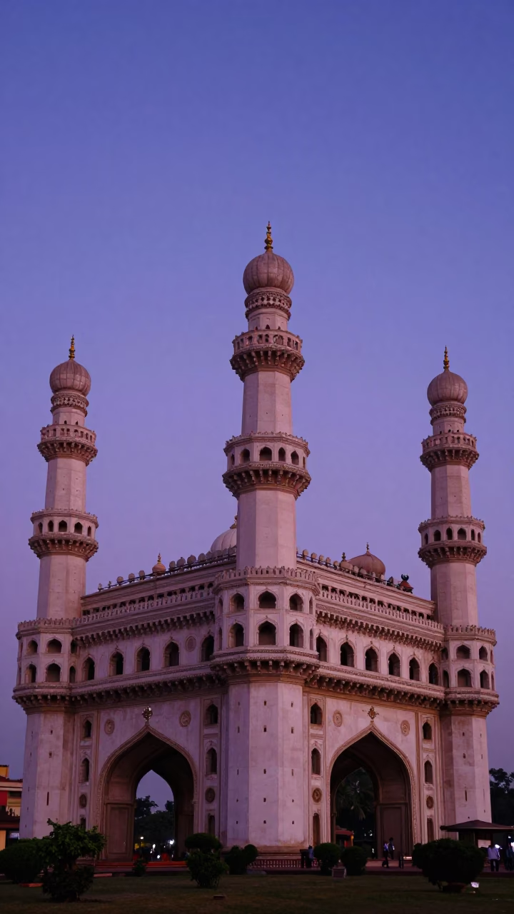 Twilight View of Hyderabad Charminar Minarets and Historic Stone Architecture in in Hyderabad, India