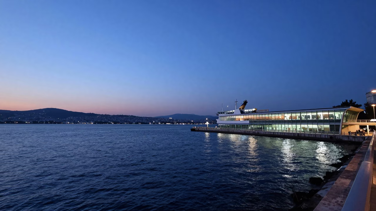 Twilight View of Izmir Bay and Kordon Promenade with Distant City Lights in in Izmir, Turkey