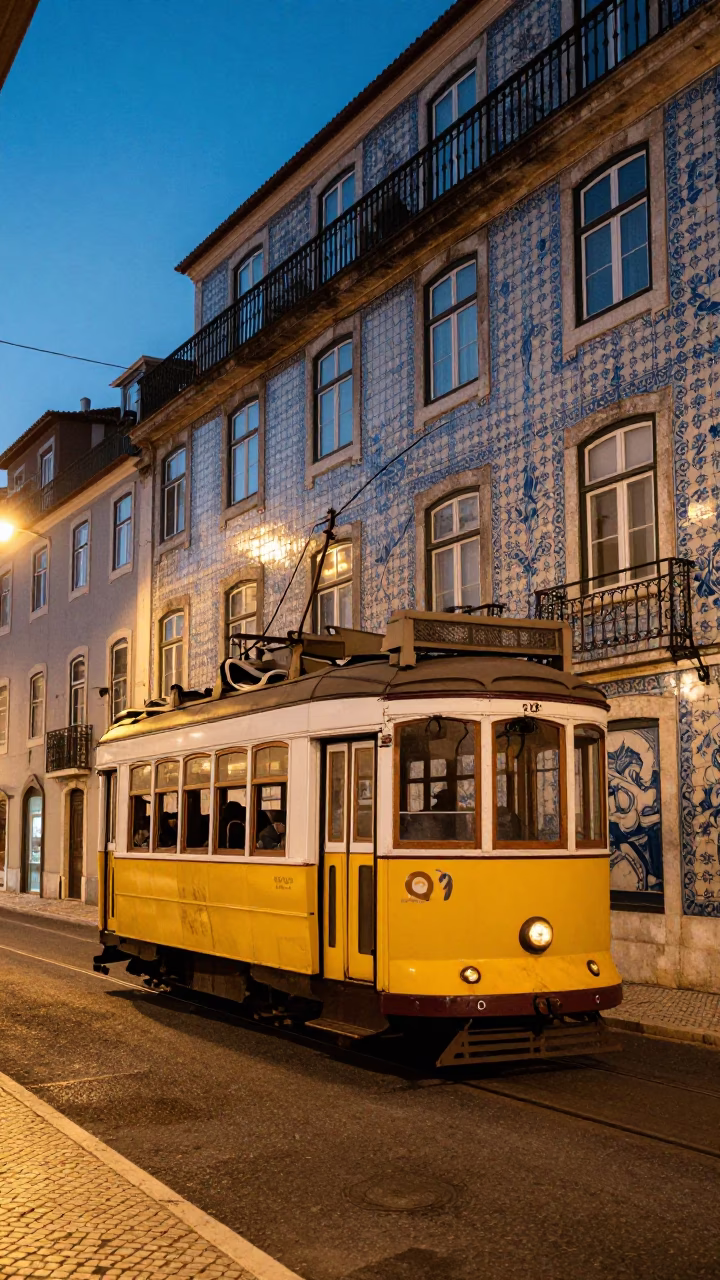 Twilight View of Lisbon Portugal Azulejo Tiles and Tram 28 on Cobblestone Street in in Lisbon, Portugal
