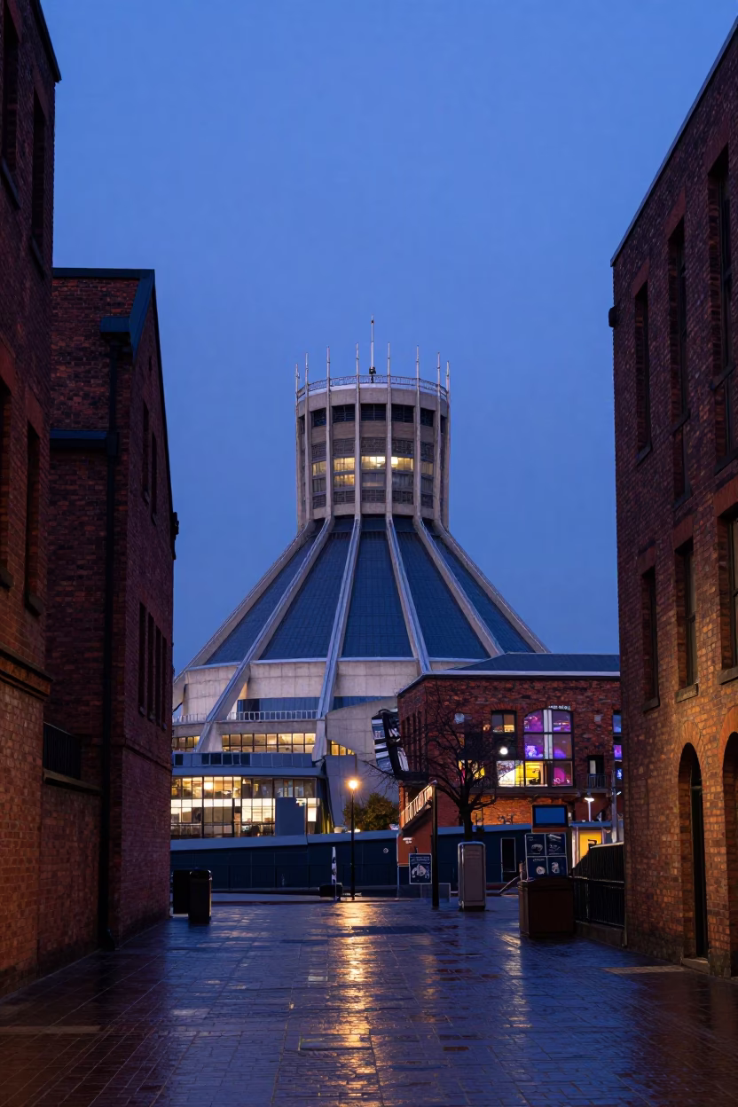 Twilight View of Liverpool Metropolitan Cathedral and Historic Brick Architecture in in Liverpool, United Kingdom