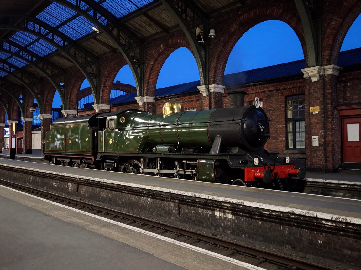 Twilight View of Liverpool Street Station Heritage Steam Locomotive in Shed in in Liverpool, United Kingdom