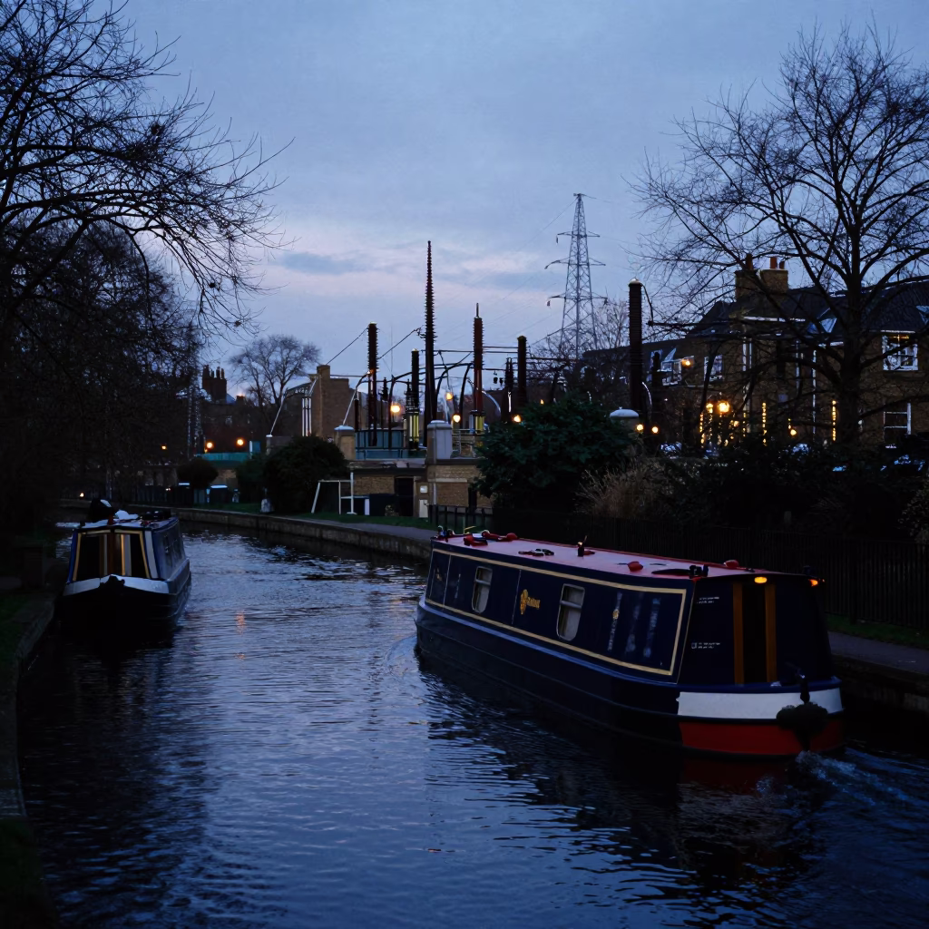 Twilight View of London Regent's Canal with Barge and Substation Glow in in London, United Kingdom