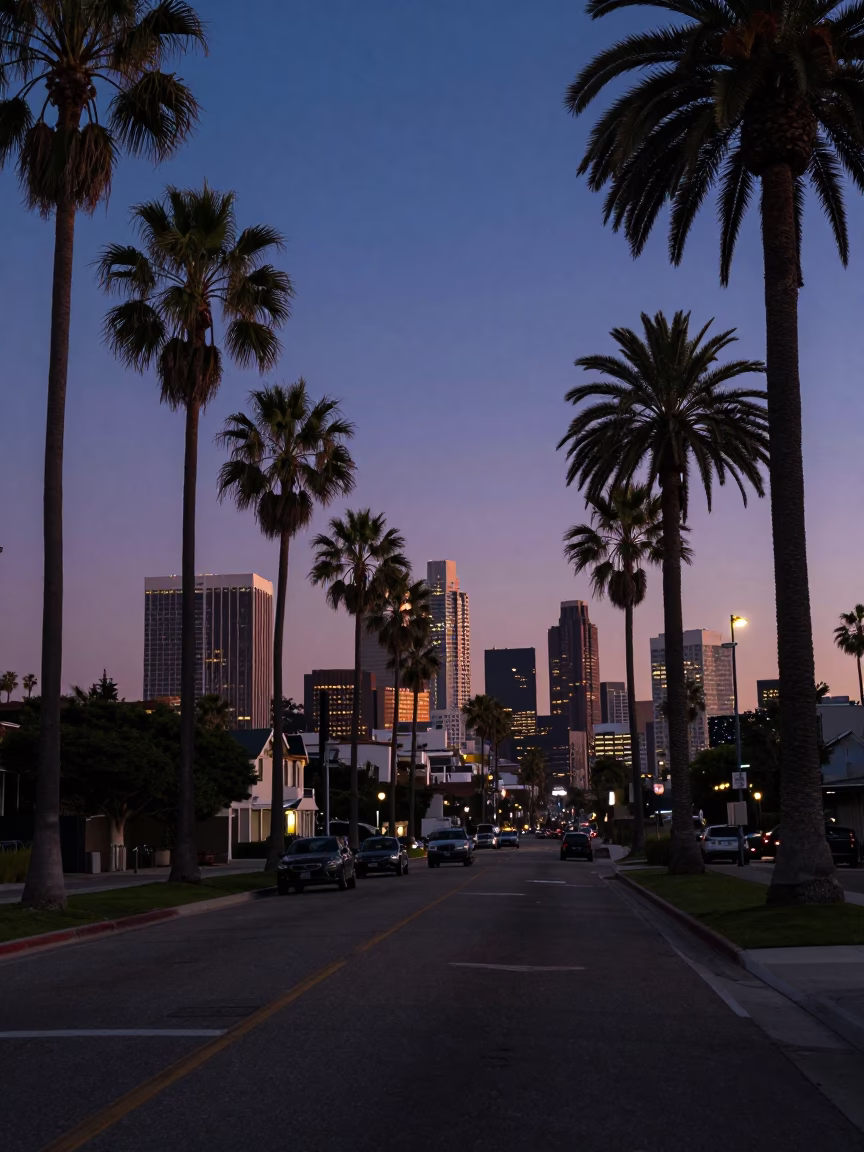 Twilight view of Los Angeles skyline and palm trees from a residential street in in Los Angeles, California, United States