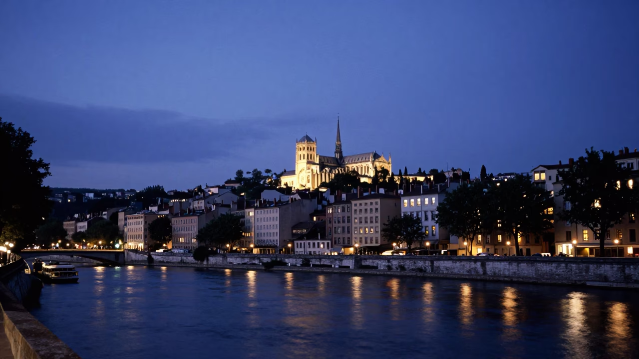 Twilight View of Lyon France with Saone River and Basilica of Fourviere in in Lyon, France