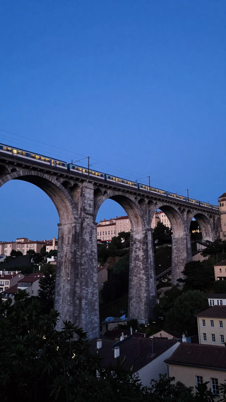 Twilight View of Lyon Railway Viaduct with Passing Train and River Scene in in Lyon, France