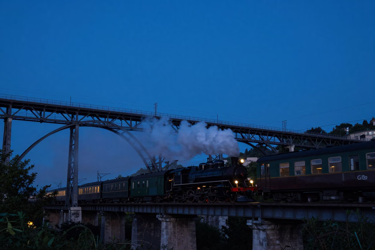 Twilight View of Lyon Railway Viaduct with Steam Train Crossing Arches Over City in in Lyon, France